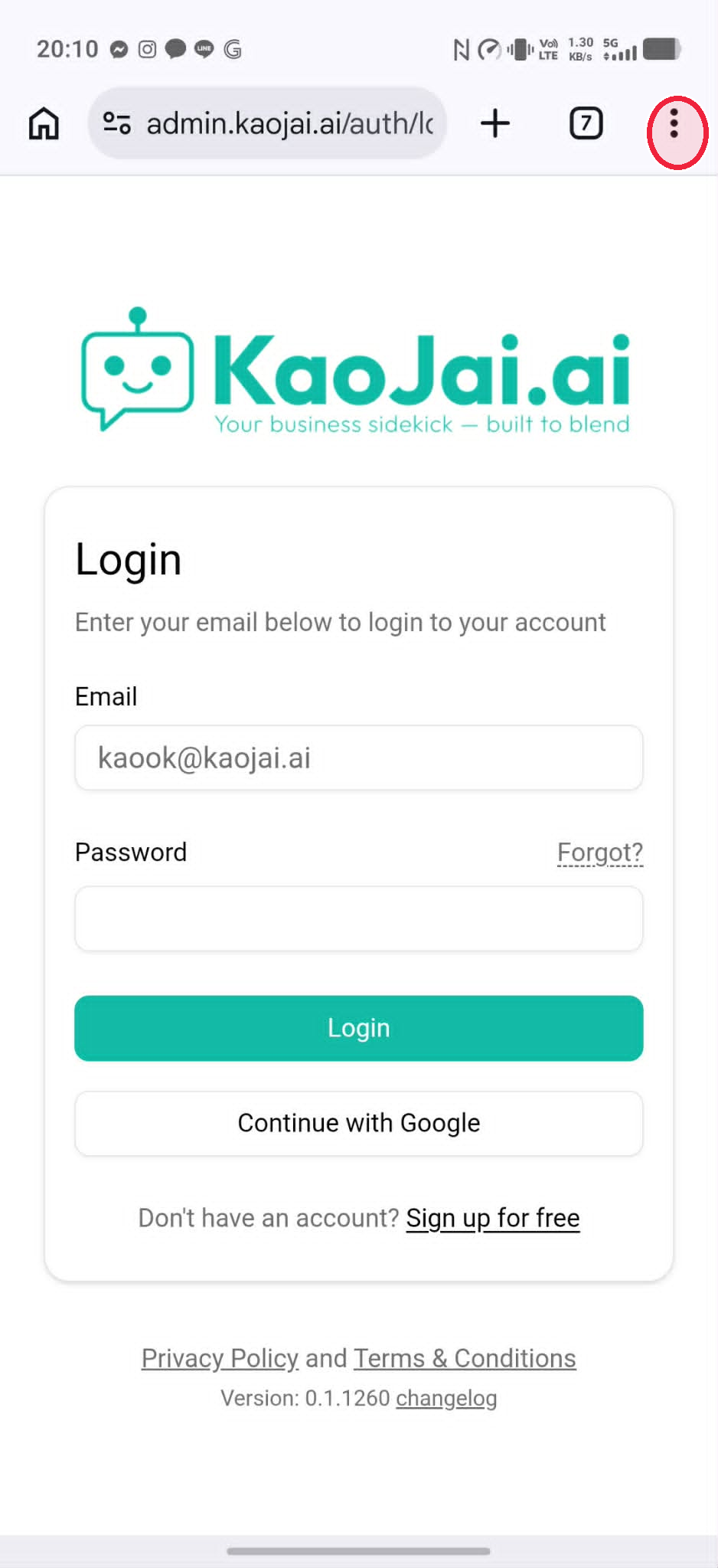 Open KaoJai Admin in Chrome and tap the Chrome menu