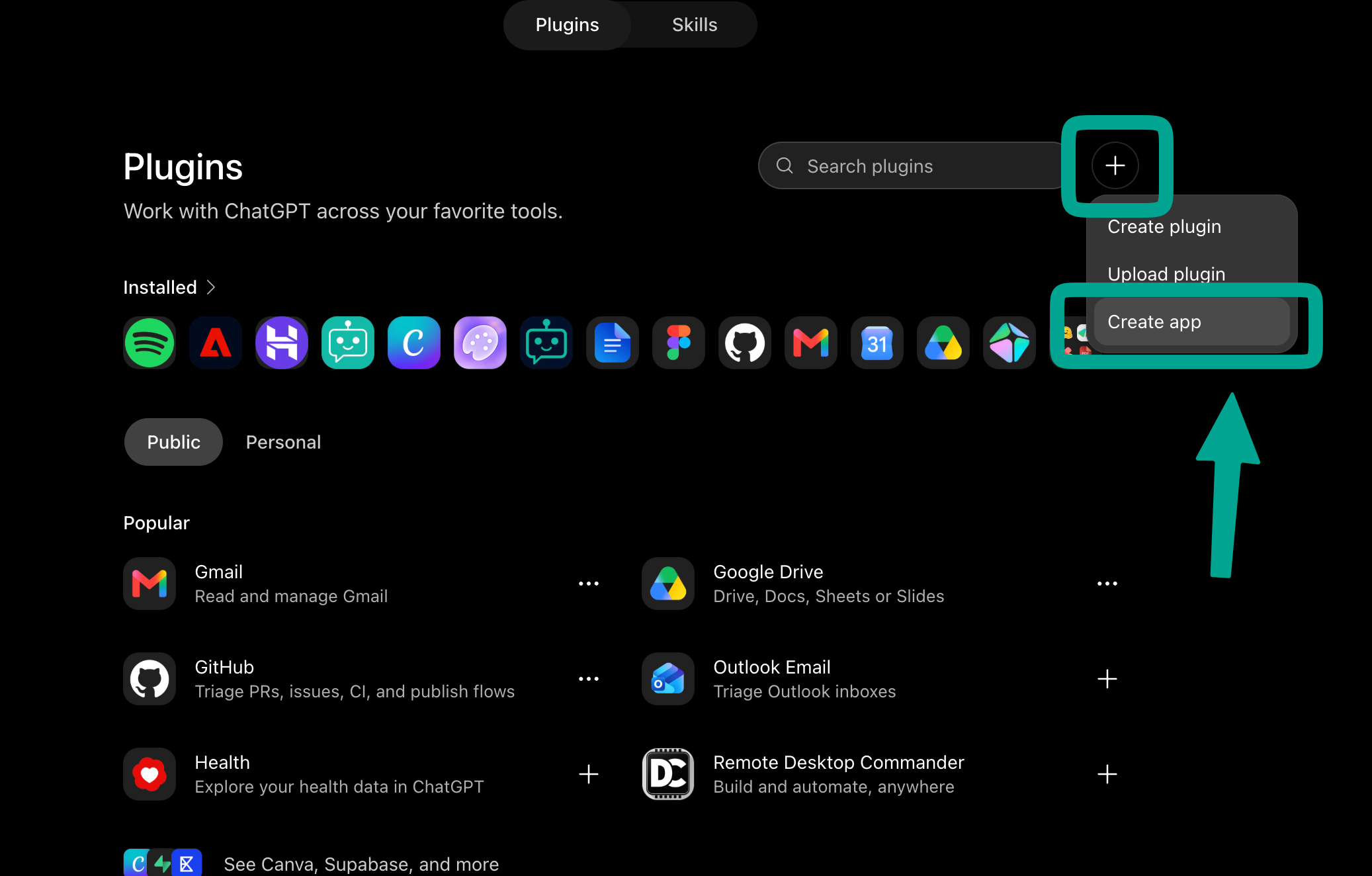 Create app highlighted in the ChatGPT Plugins menu