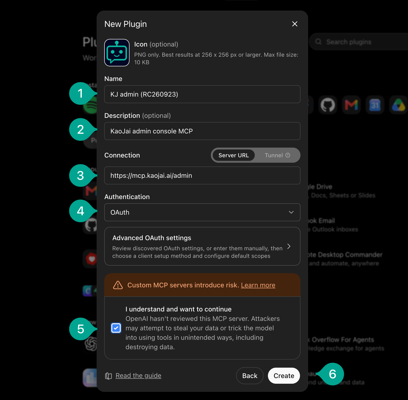 ChatGPT Create MCP App form with numbered fields
