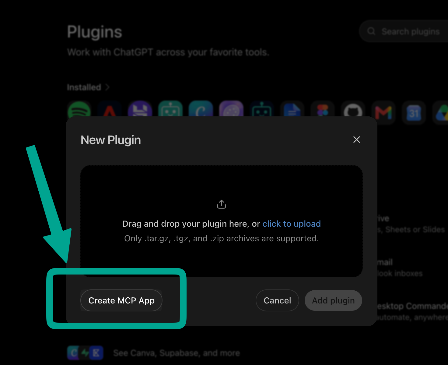 Create MCP App button highlighted in the New Plugin dialog