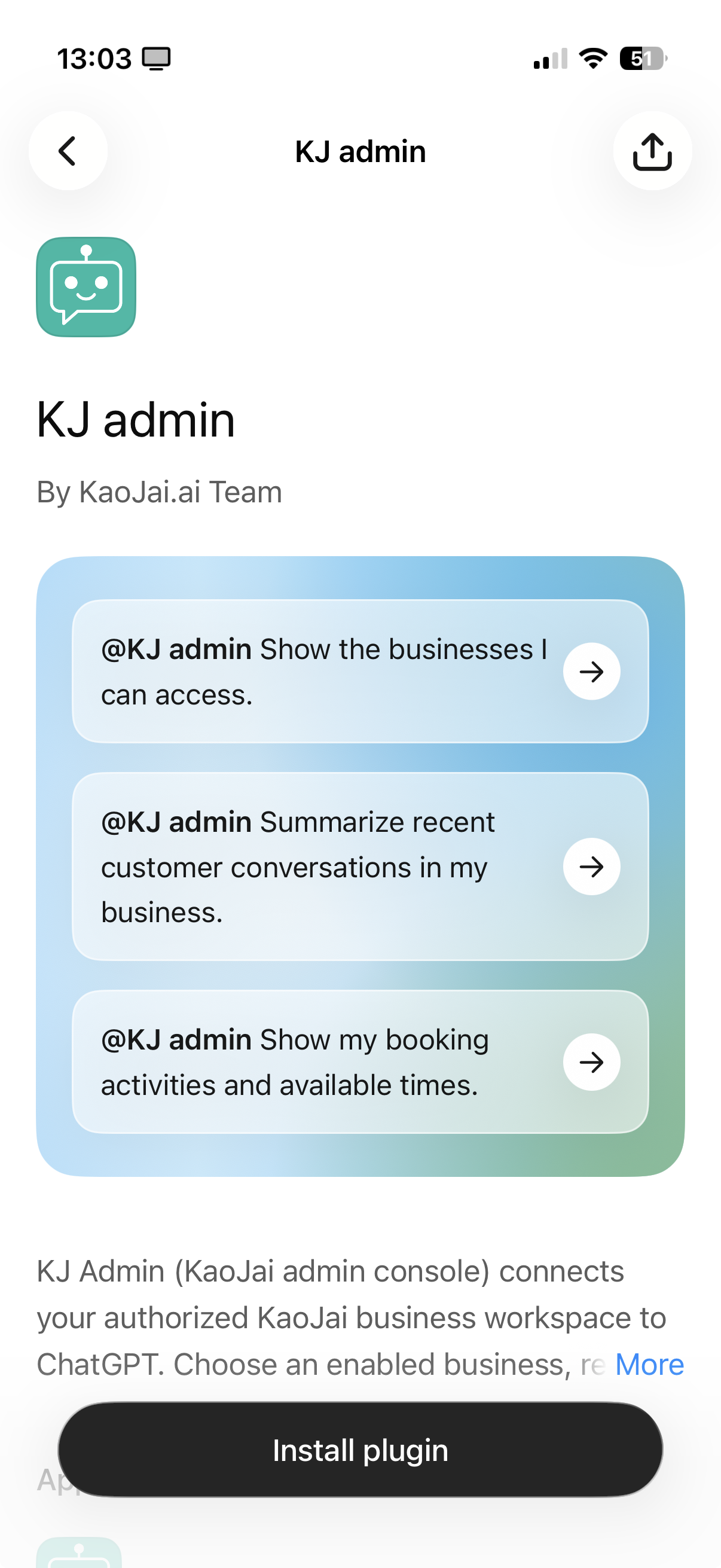 The KJ admin listing in ChatGPT with its Install plugin button