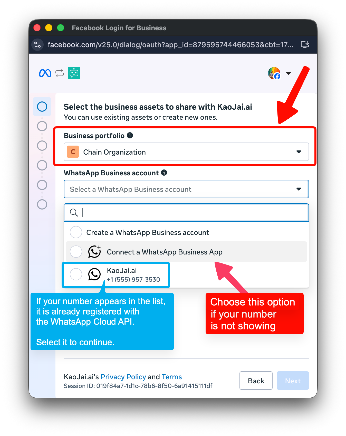 Choose Connect a WhatsApp business account