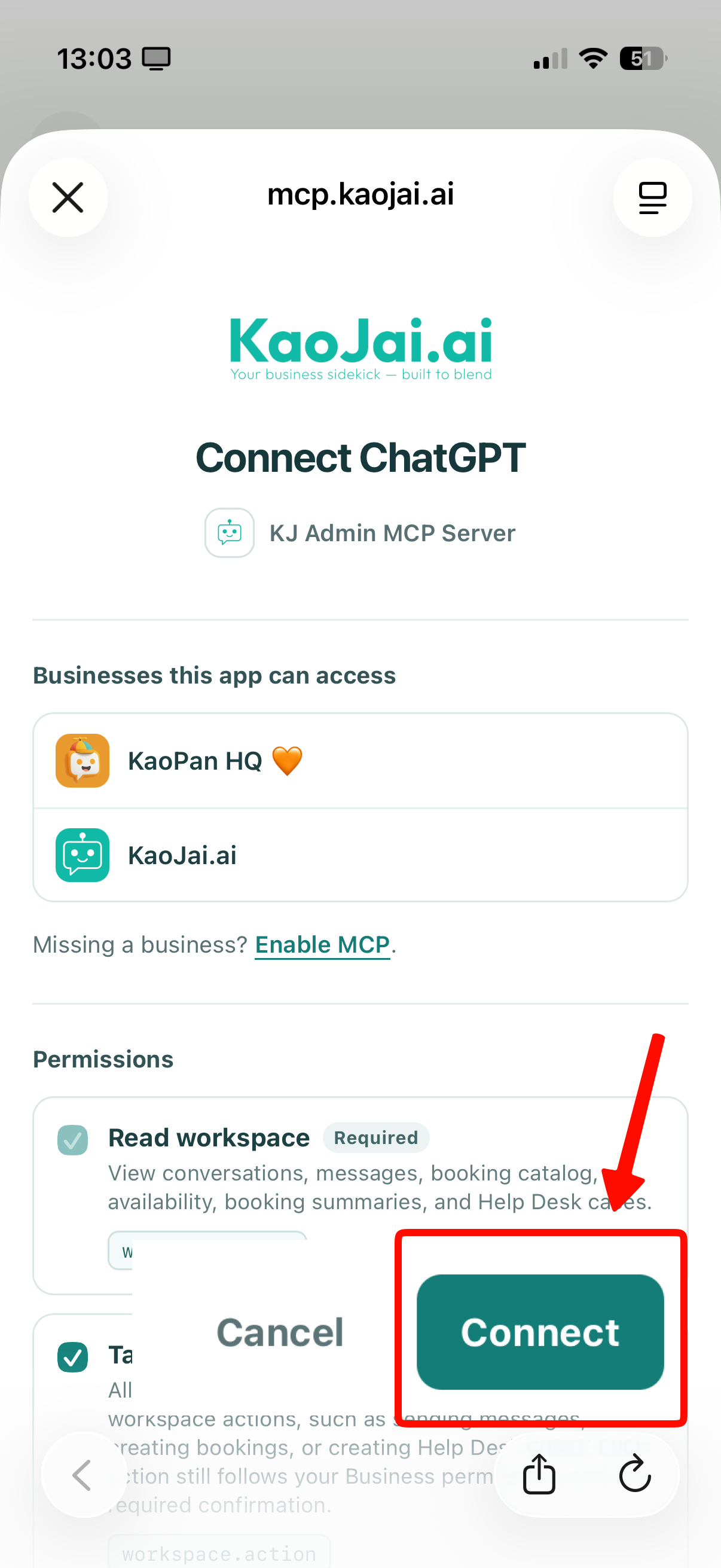 Review businesses and permissions, then click the highlighted Connect button