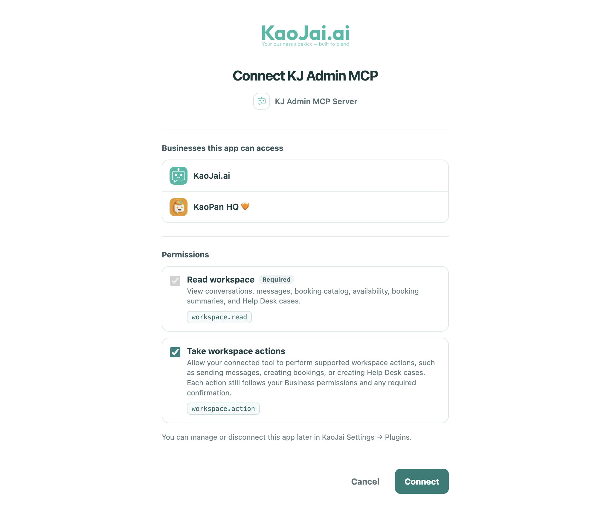 KaoJai MCP business and permission consent with Connect button