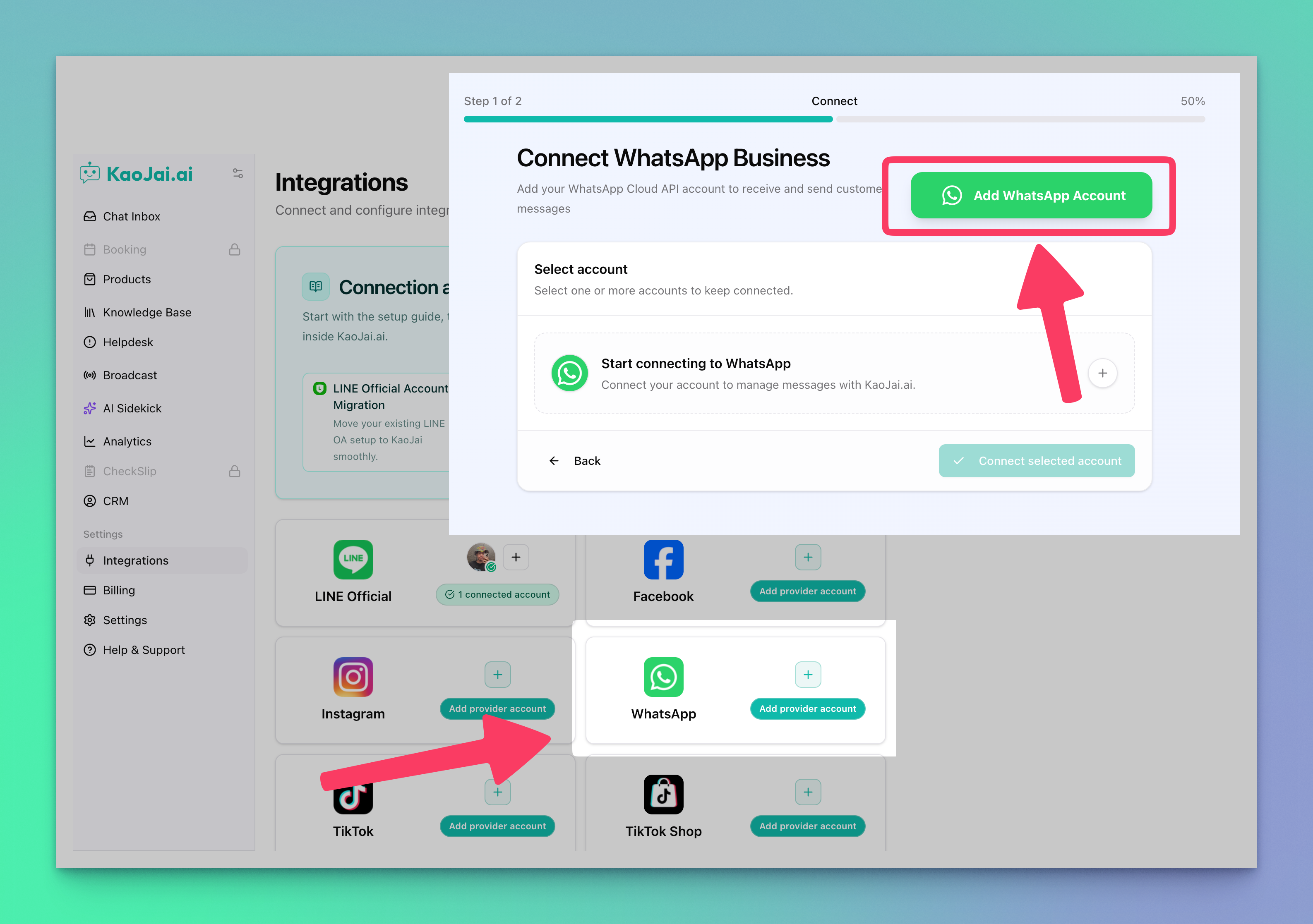Open the WhatsApp connection wizard in KaoJai.ai