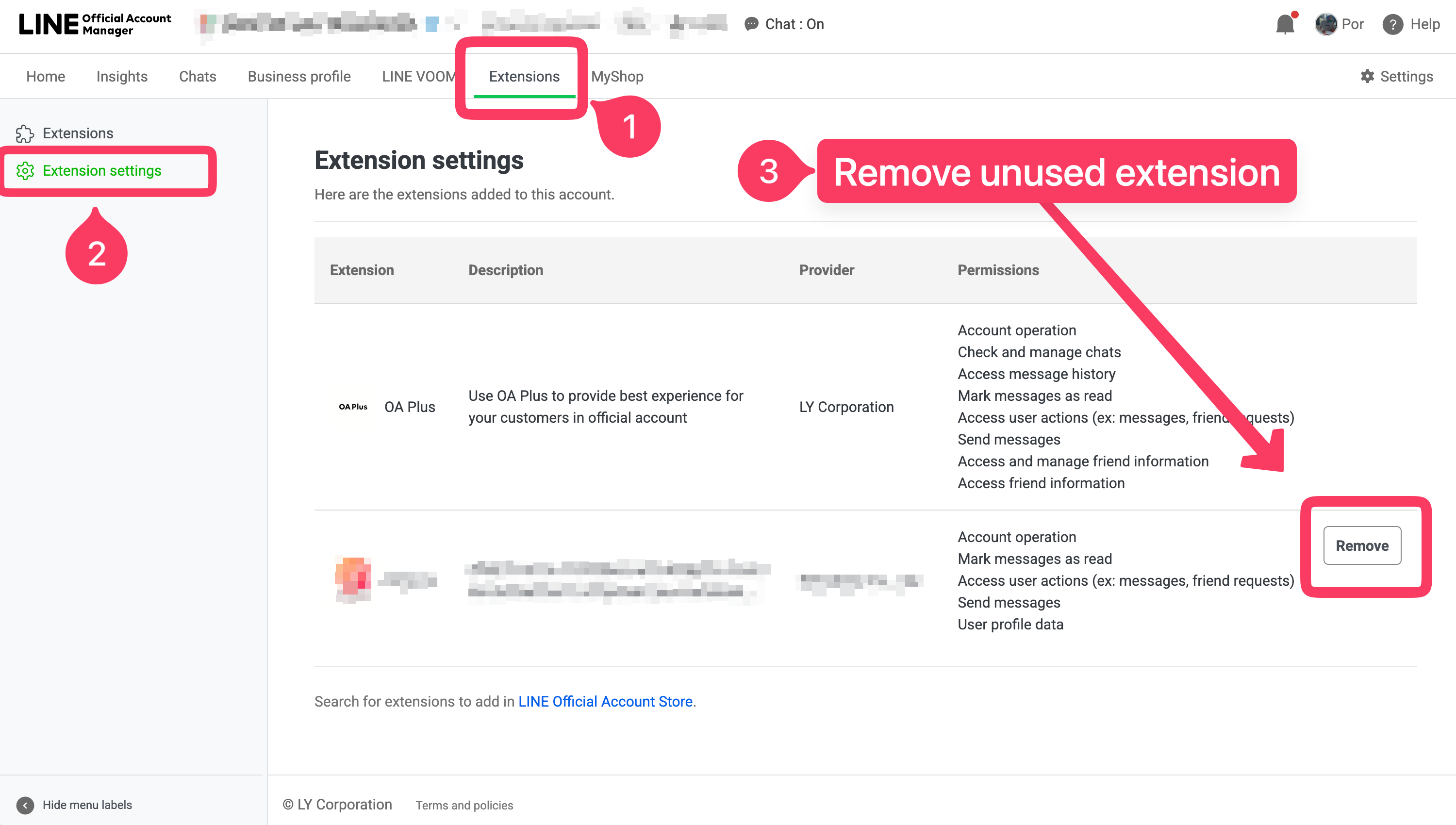 Where to find Extensions and Extension settings in LINE Official Account Manager