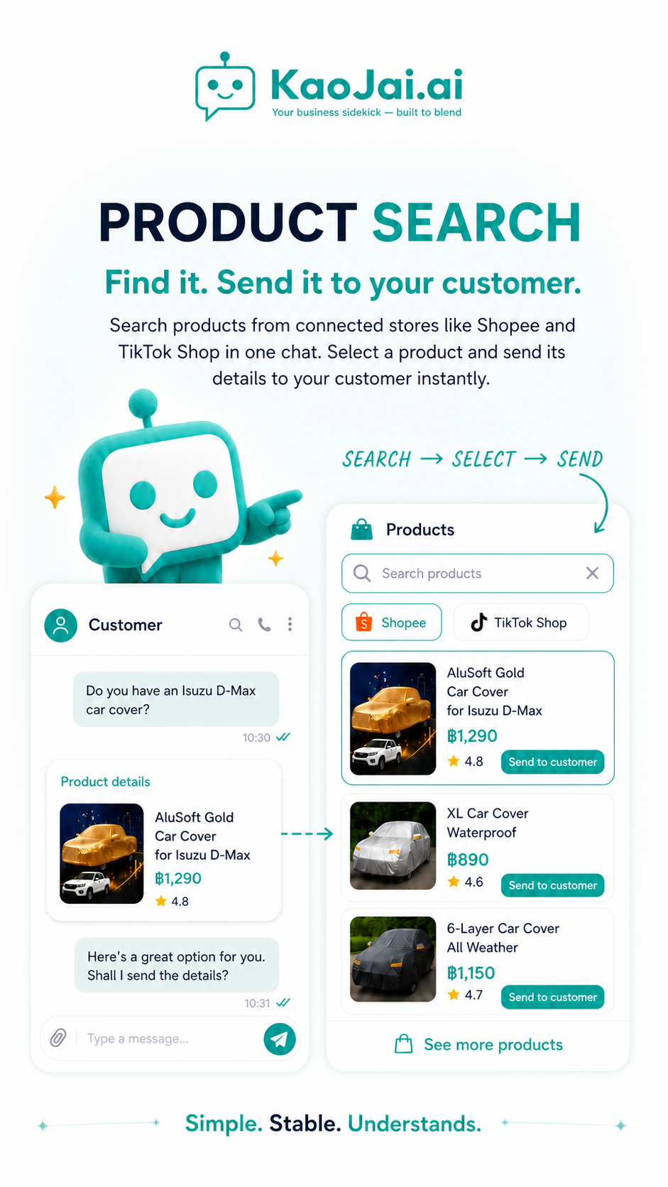 Product Search in KaoJai.ai helps teams search, select, and send product details
