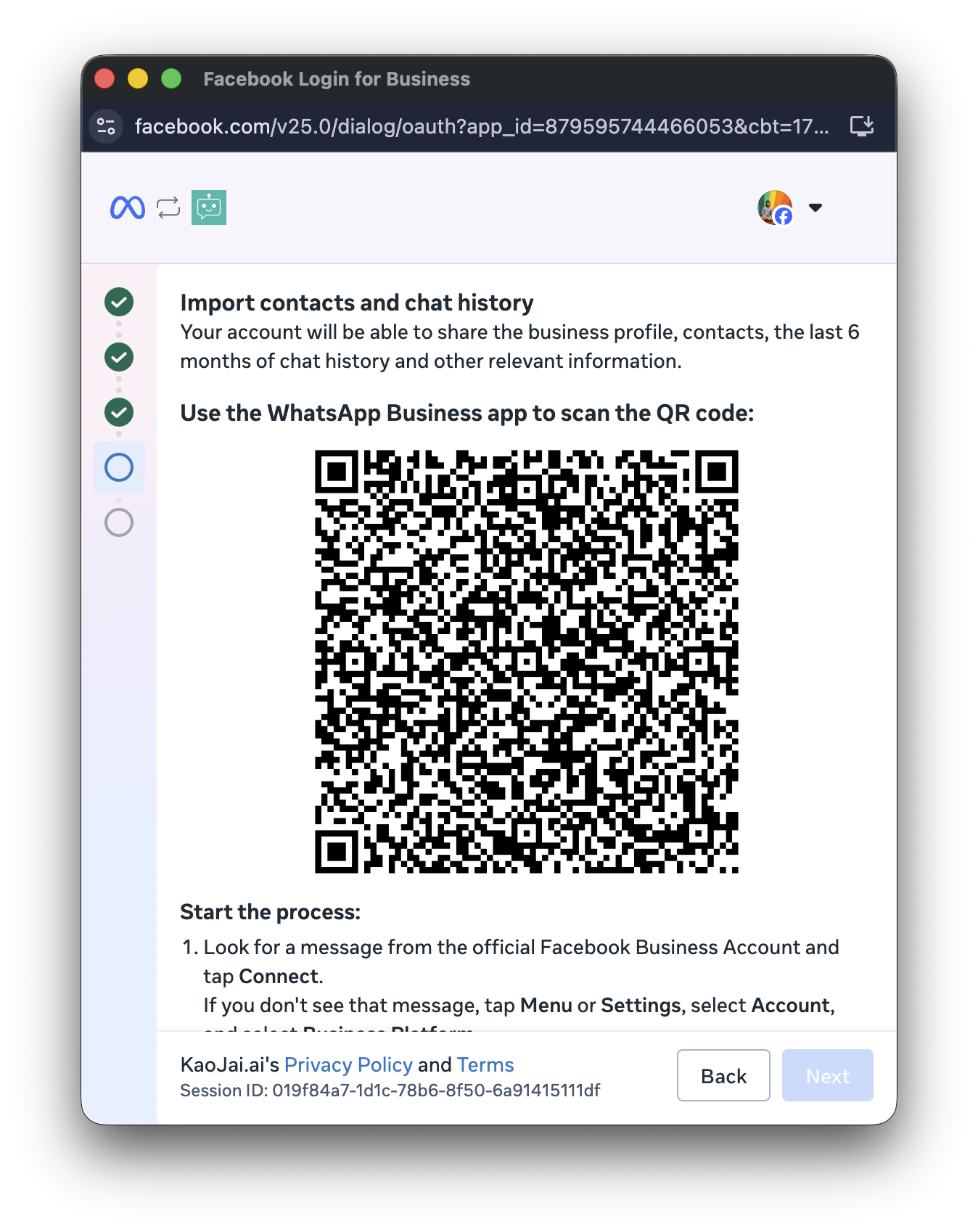 QR code shown in the Meta setup