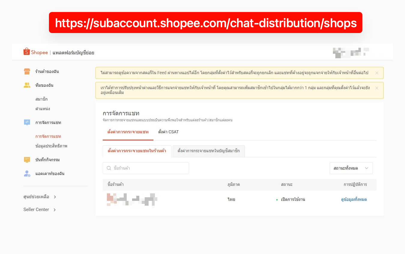 Shop chat distribution settings showing the enabled status and view-all-details link