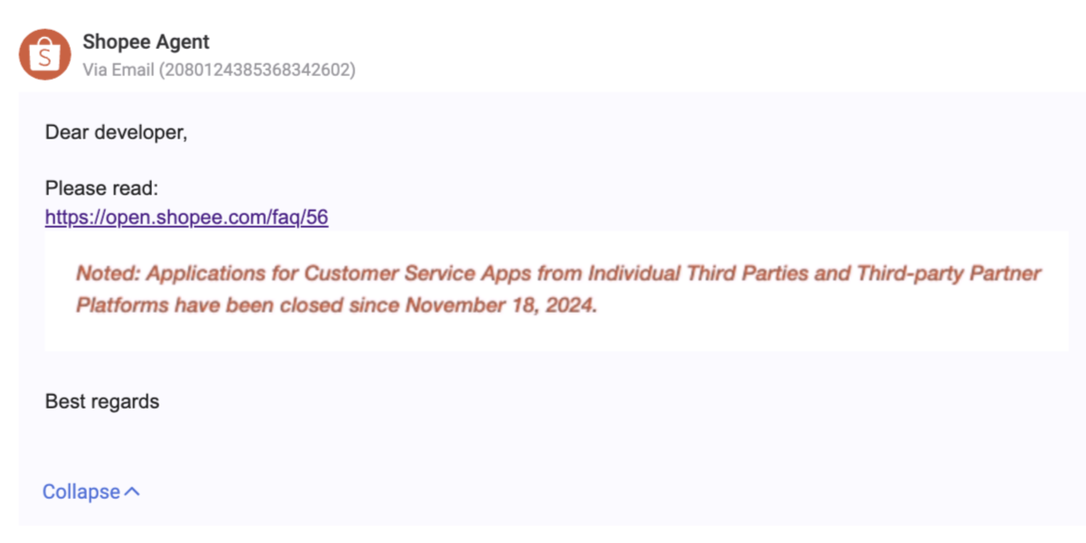 Email từ Shopee Agent cho biết đơn đăng ký Customer Service Apps dành cho Individual Third Parties và Third-party Partner Platforms đã đóng từ ngày 18 tháng 11 năm 2024